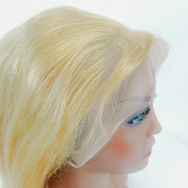 Blonde human hair lace front wig on mannequin, natural styling ready