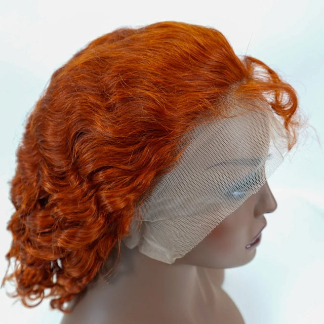 Vibrant red curly human hair lace front wig on mannequin, natural styling ready