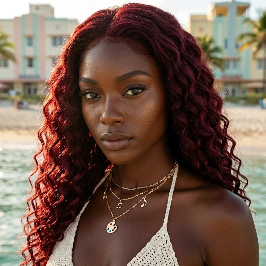 black woman wearing Deep Wave 15A Transparent 13x4 Full Frontal 180 Density Dark Burgundy/99J