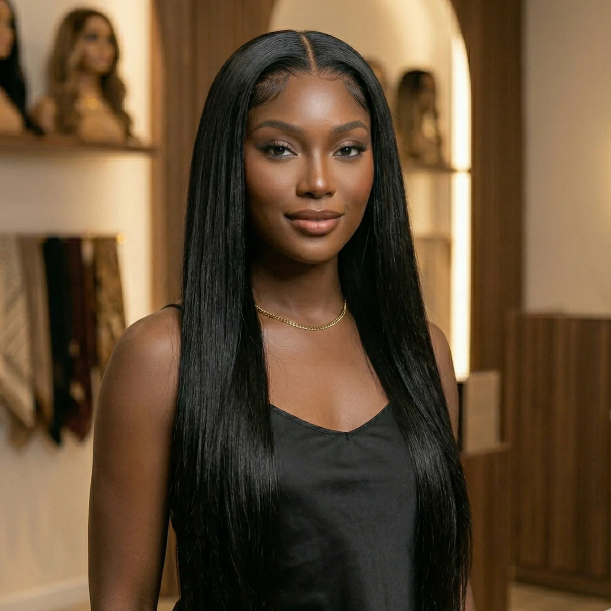 Woman with long black hair standing in a salon setting