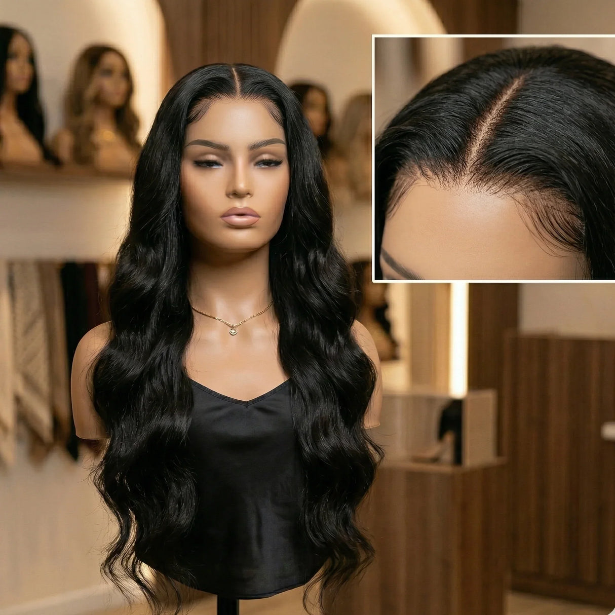 Black wig on a mannequin head with close-up of hairline, set against a blurred indoor background.