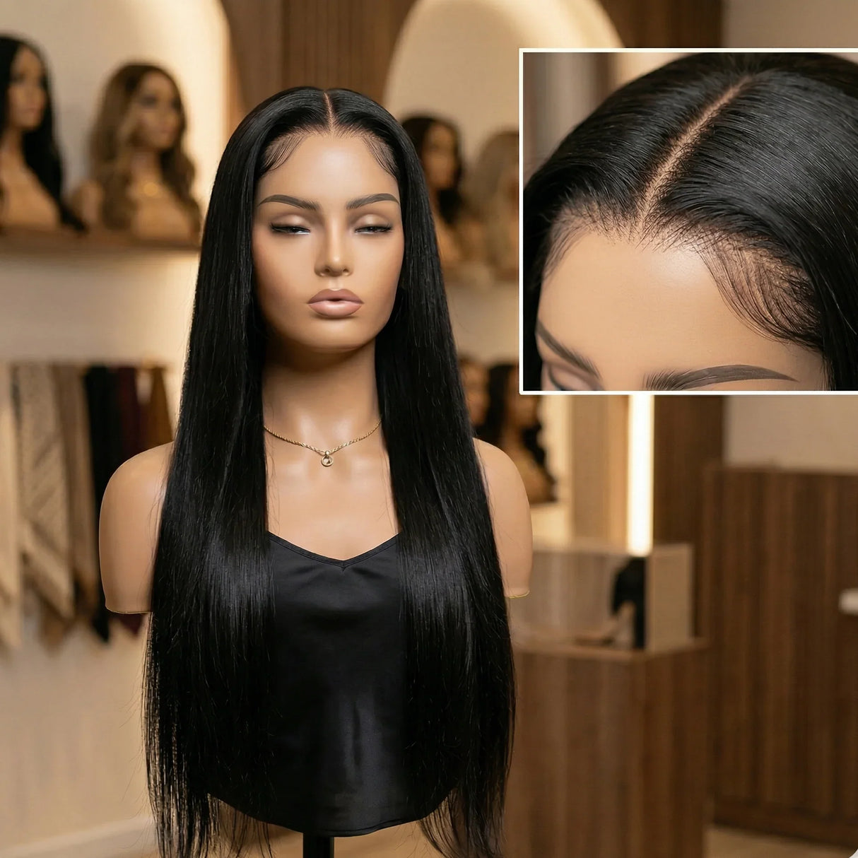 Mannequin head with long black straight wig and close-up of hairline in a blurred salon setting.