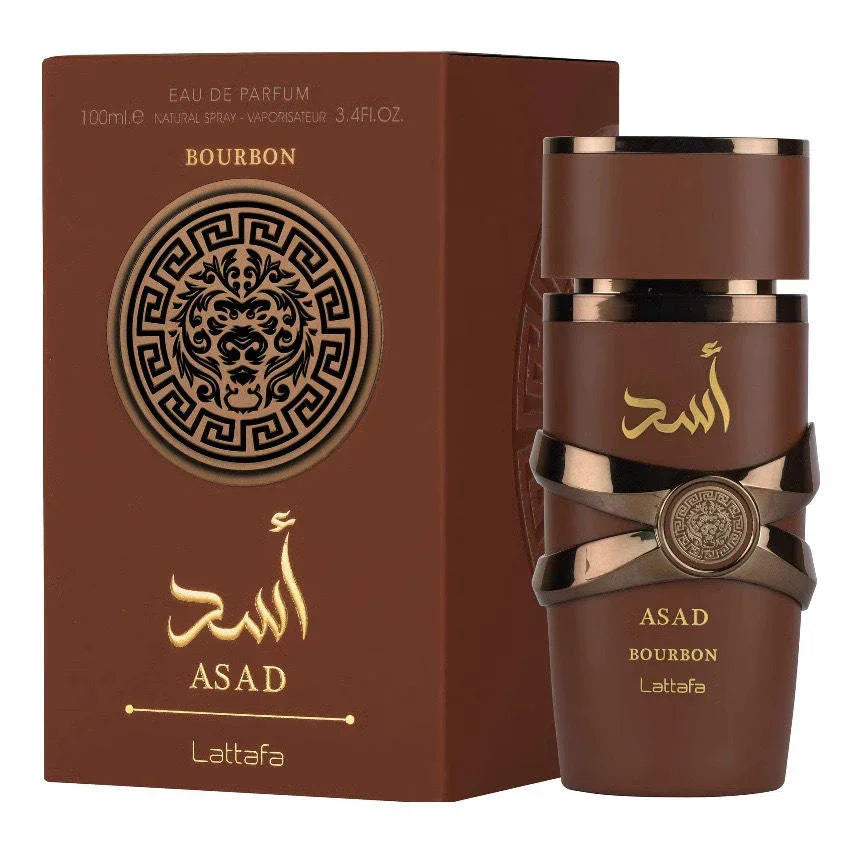 Asad Bourbon Eau de Parfum by Lattafa, 100ml luxury fragrance with lion emblem packaging