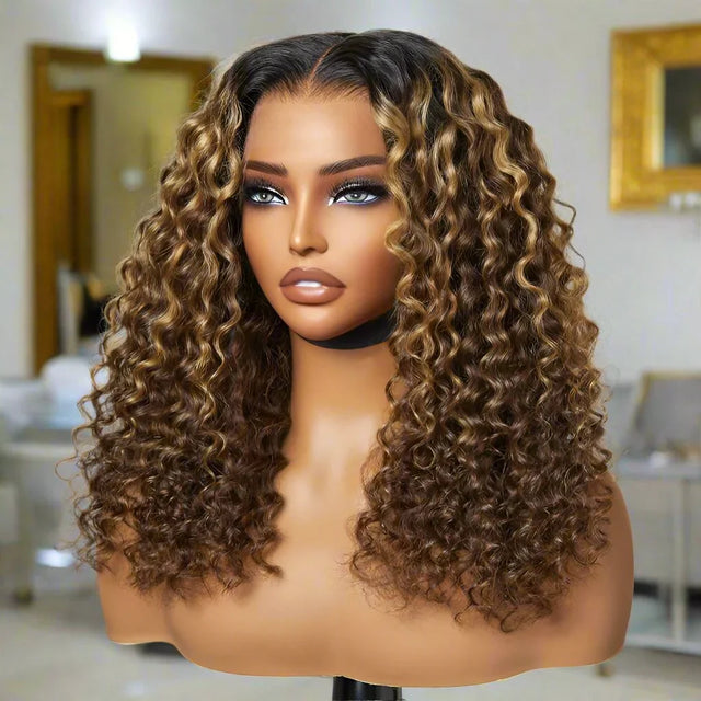 Curly human hair wig with ombre highlights on mannequin head