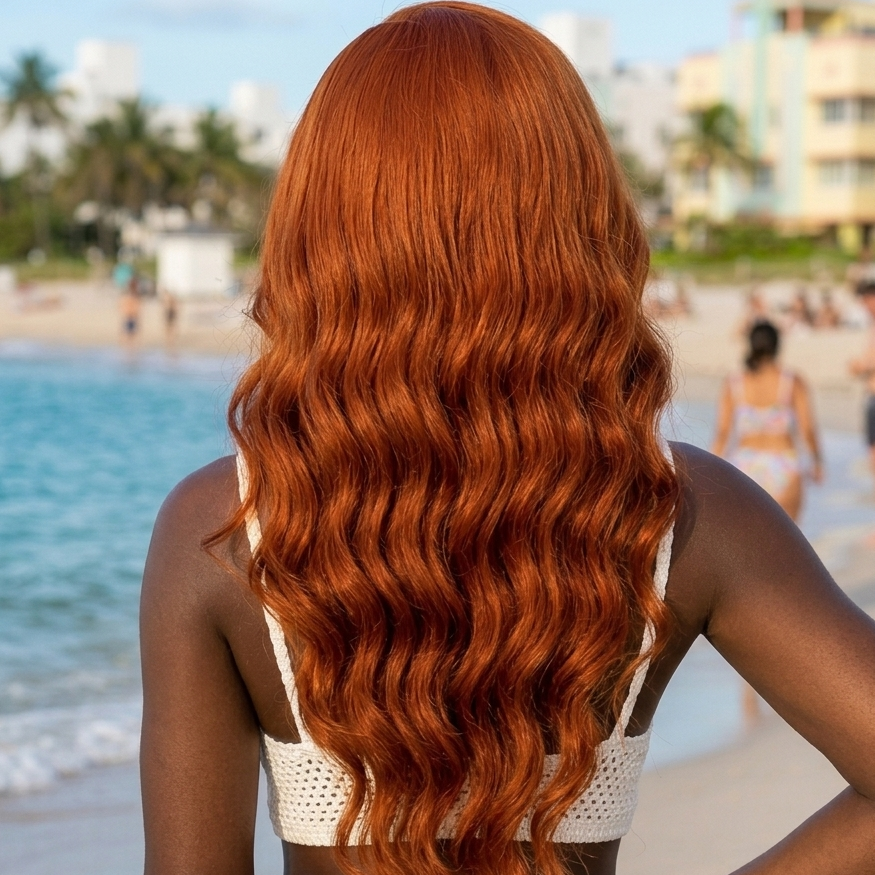 Woman with long, wavy orange ginger hair on a beach with ocean and buildings in the background