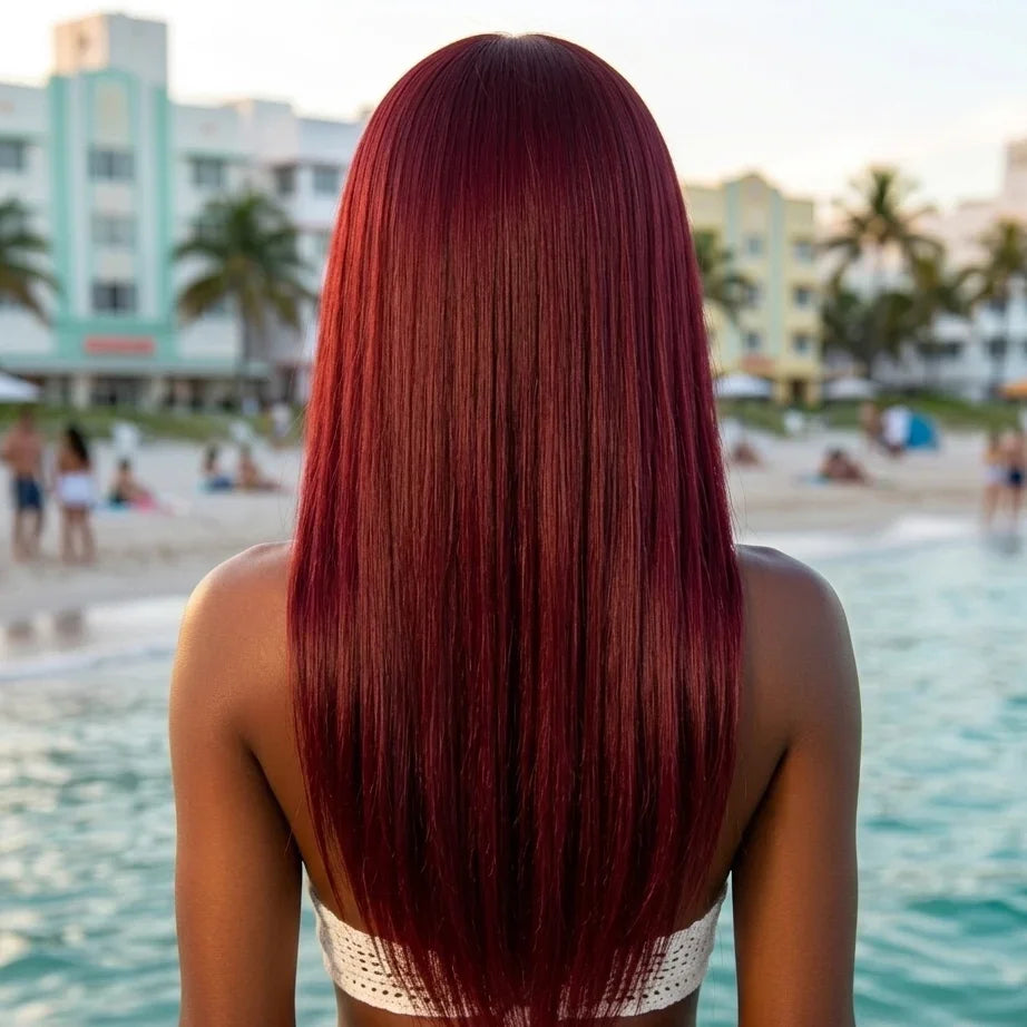 Person with long red hair standing by a pool with a beach and buildings in the background