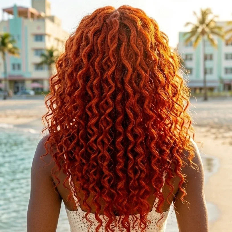 Person with curly red hair standing on a beach with palm trees and buildings in the background