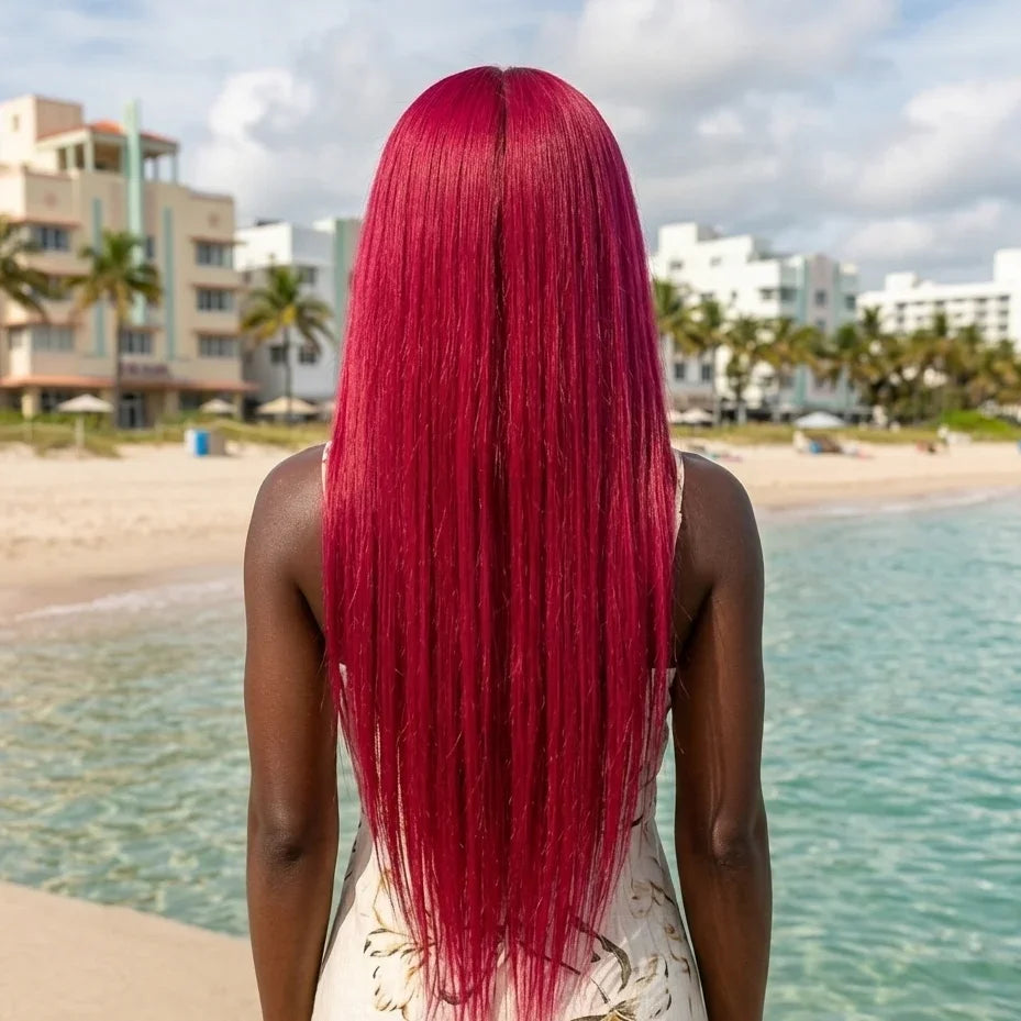 Person with vibrant red hair standing on a beach with palm trees and buildings in the background.