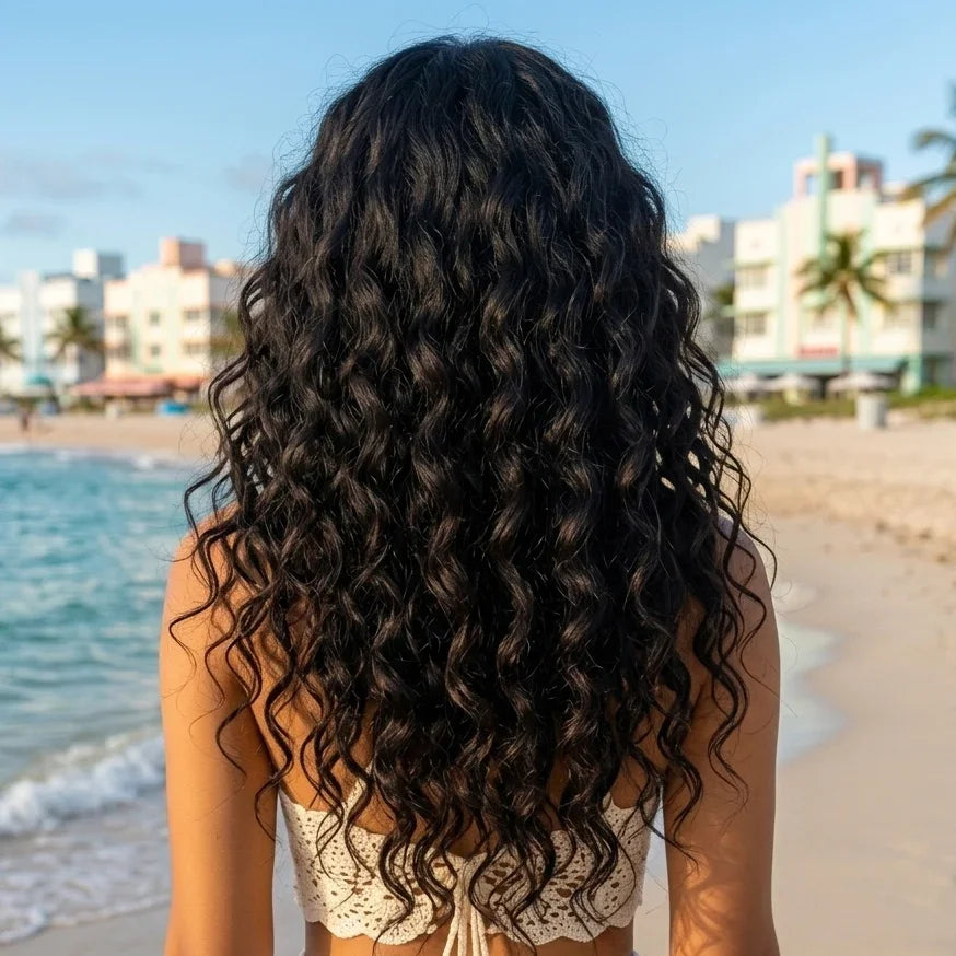 Woman with long, wavy hair standing on a beach with ocean and buildings in the background