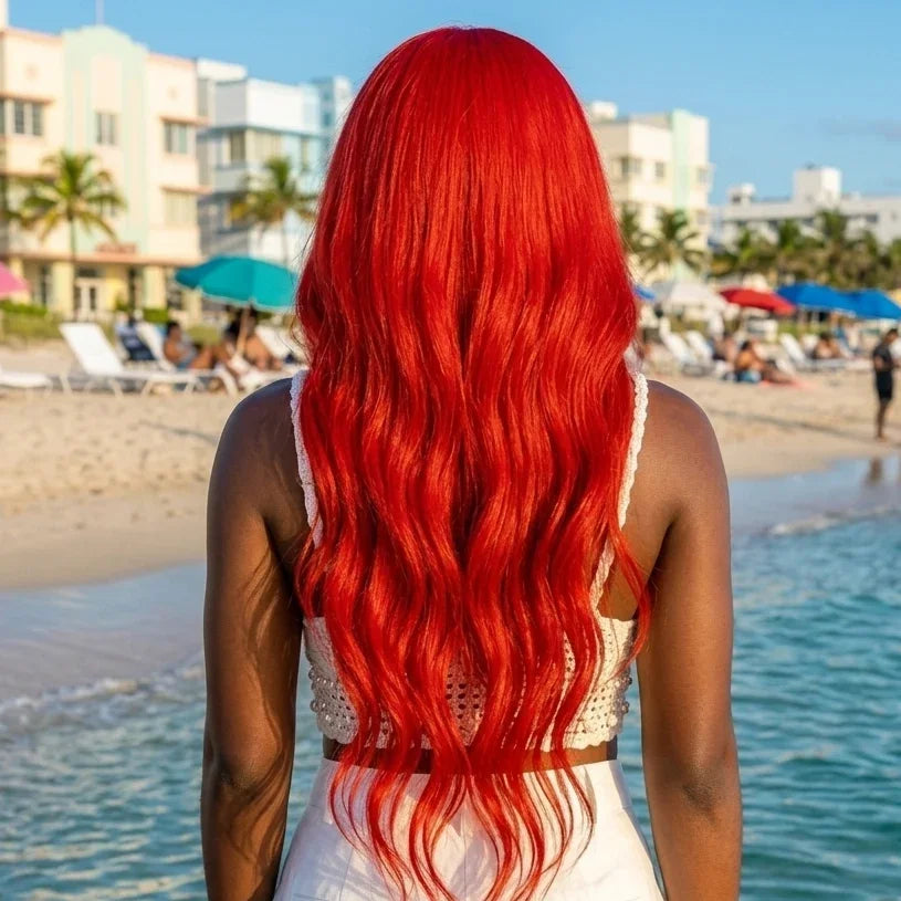 Person with red hair standing on a beach with buildings and umbrellas in the background