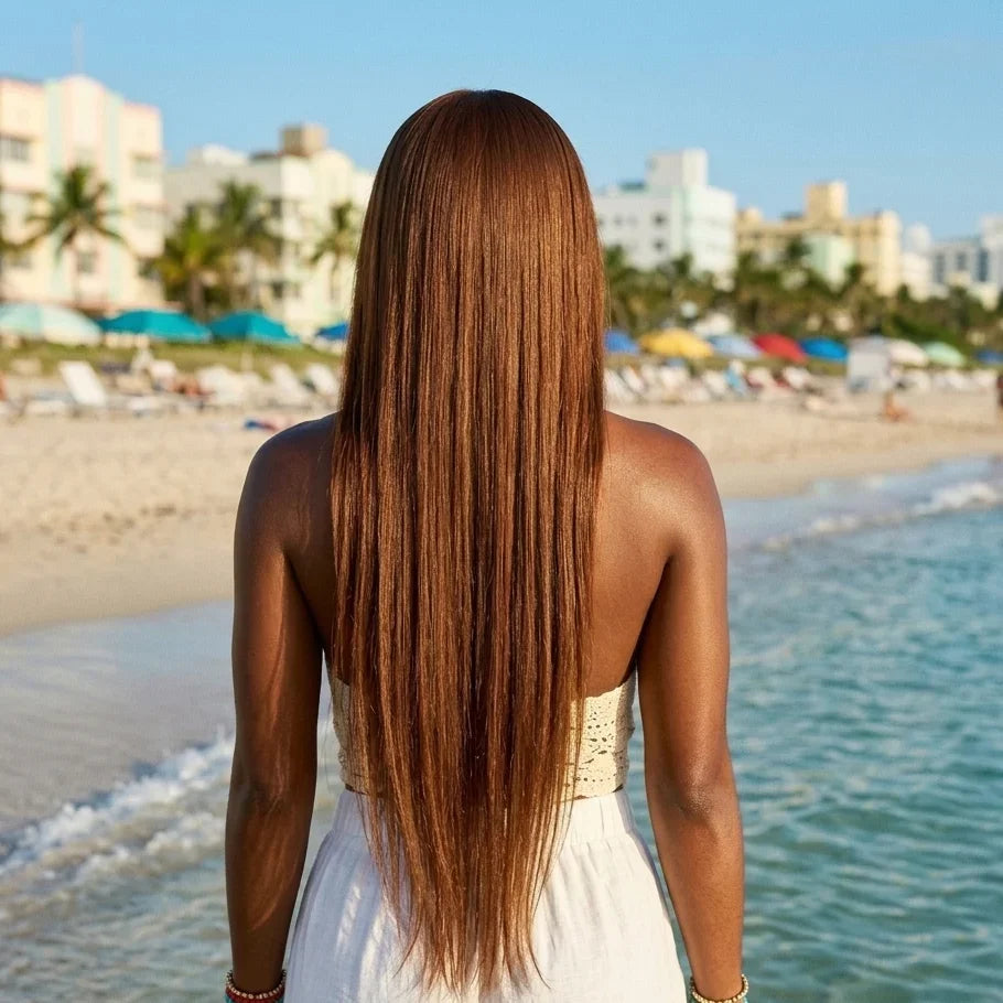 Woman with long hair standing on a beach with buildings and palm trees in the background