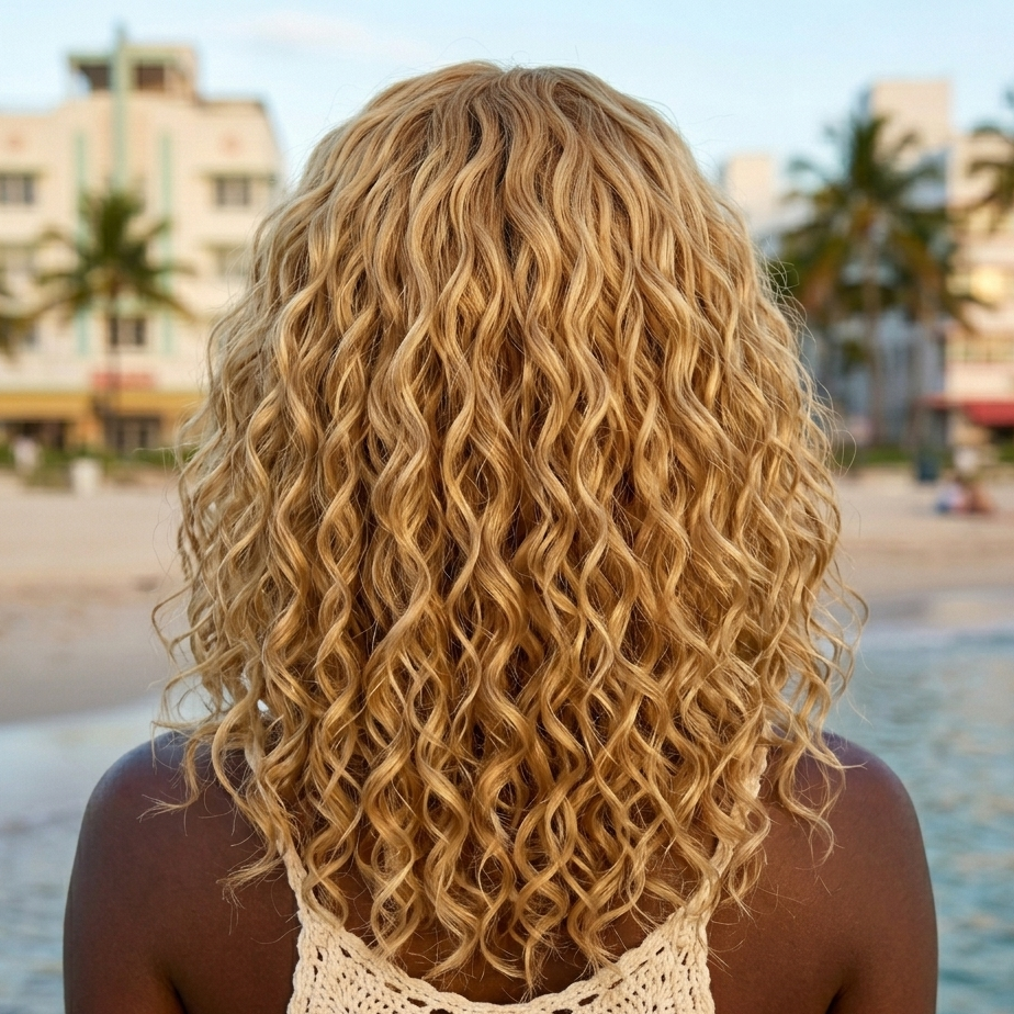 Person with wavy blonde hair by a beach with palm trees and buildings in the background