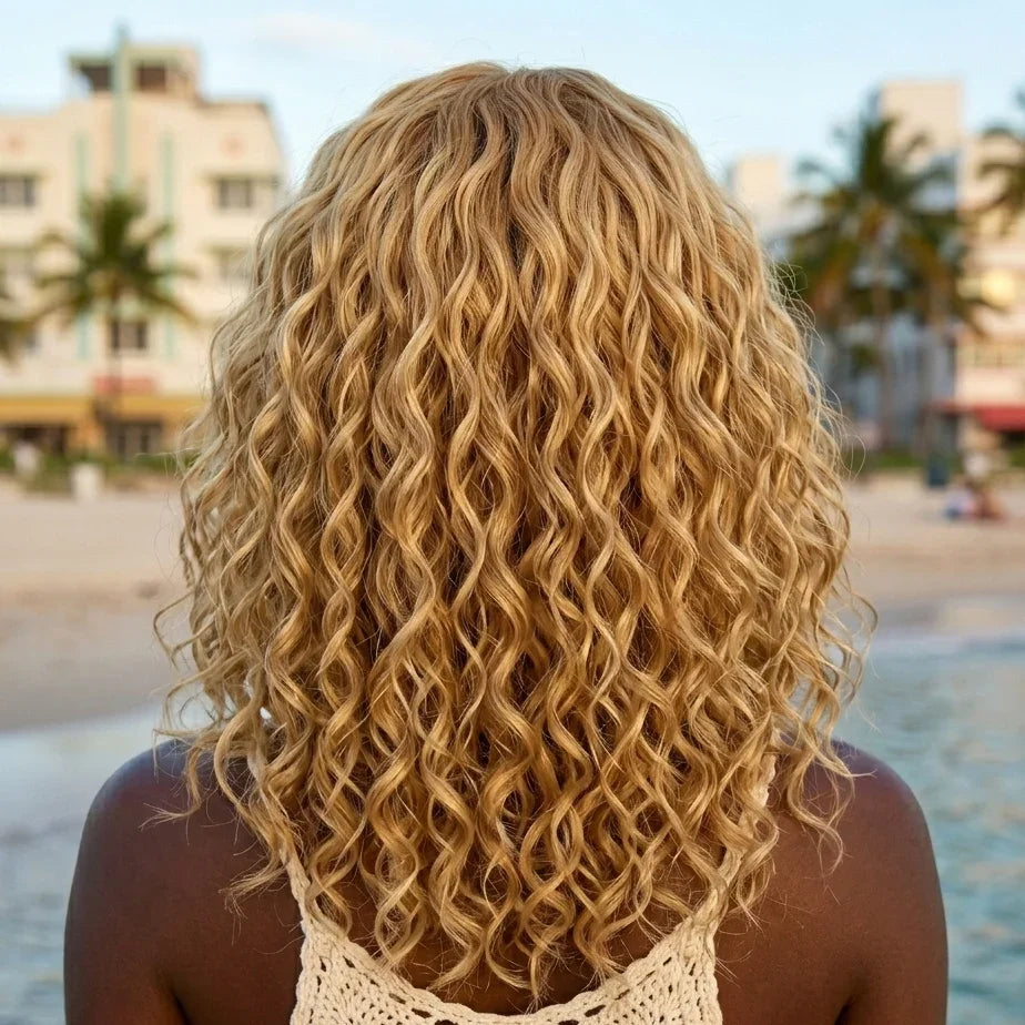 Person with wavy blonde hair by a beach with palm trees and buildings in the background