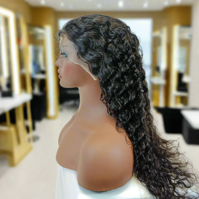 Deep curly human hair wig on mannequin, natural lace front for seamless styling