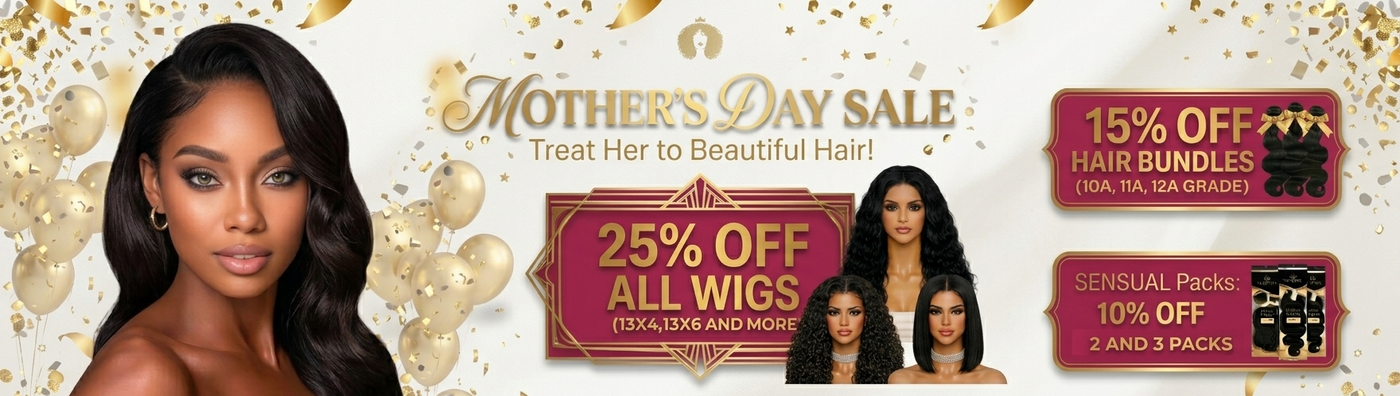 Promotional banner for Mother's Day sale with wigs and hair products, featuring a model and text about discounts.