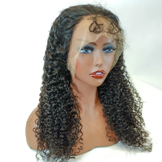 Deep curly human hair lace front wig with natural-looking part on mannequin head