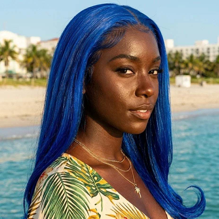 Black woman wearing Straight 15A Transparent 13x4 Full Frontal 180 Density Blue