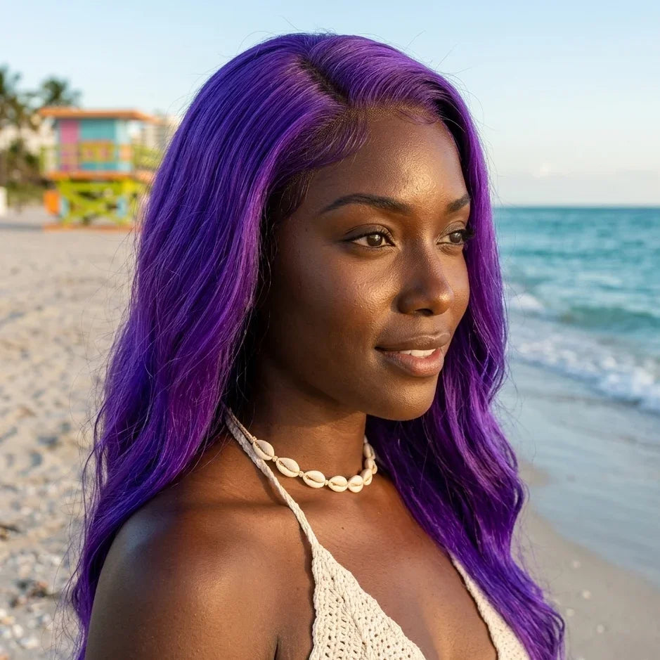 black woman wearing Straight 15A Transparent 13x4 Full Frontal 180 Density Purple