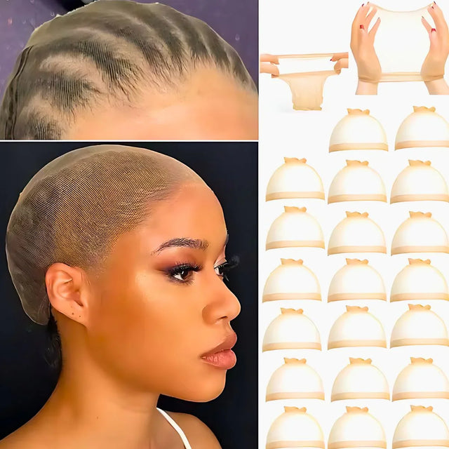 Lace wig cap with natural hairline, stretchy wig liner, and multiple wig caps for styling