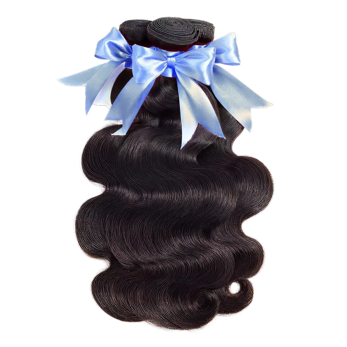 Human hair bundles with body wave texture and blue ribbon, ideal for natural styling