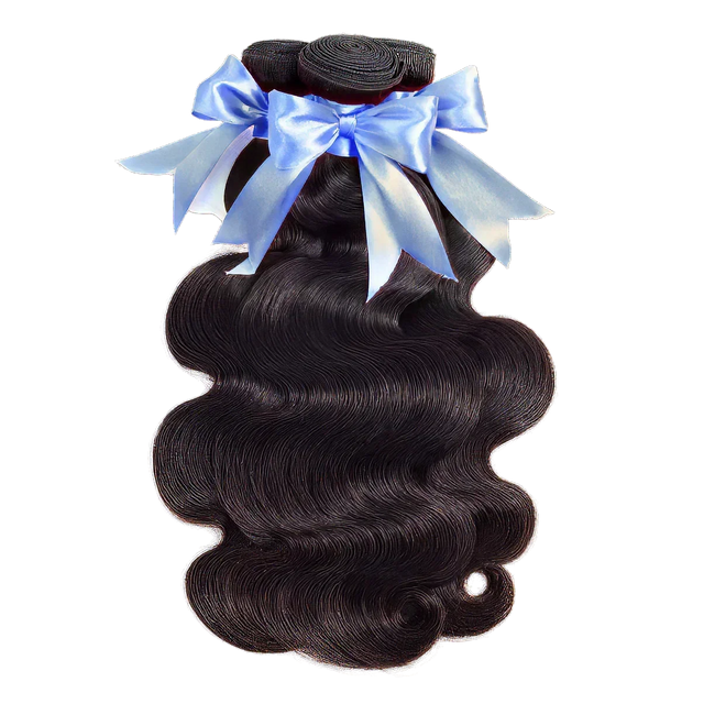 Human hair bundles with body wave texture and blue ribbon, ideal for natural styling