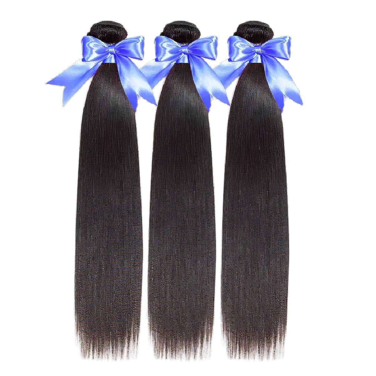 Three bundles of straight human hair extensions with blue ribbons, ideal for natural styling and volume.