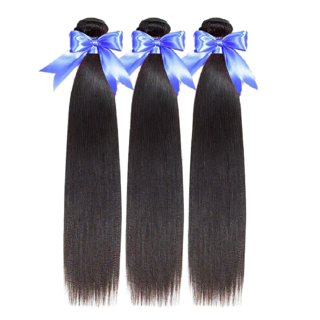 Three bundles of straight human hair extensions with blue ribbons, ideal for natural styling and volume.