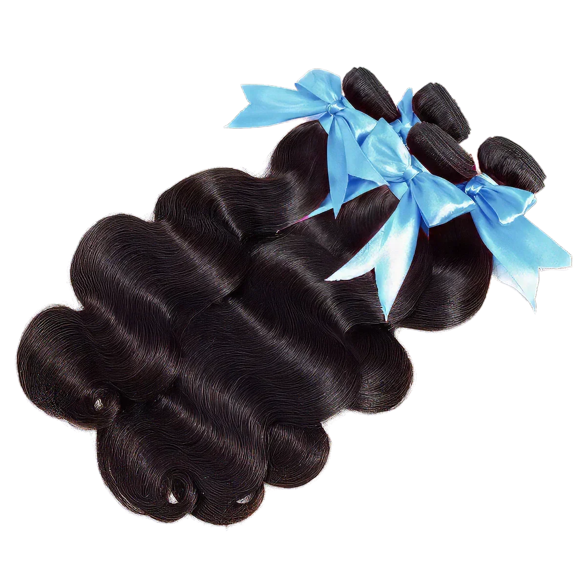Black body wave human hair bundles with blue ribbons, premium quality for natural styling