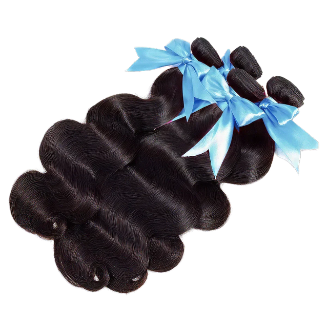 Black body wave human hair bundles with blue ribbons, premium quality for natural styling