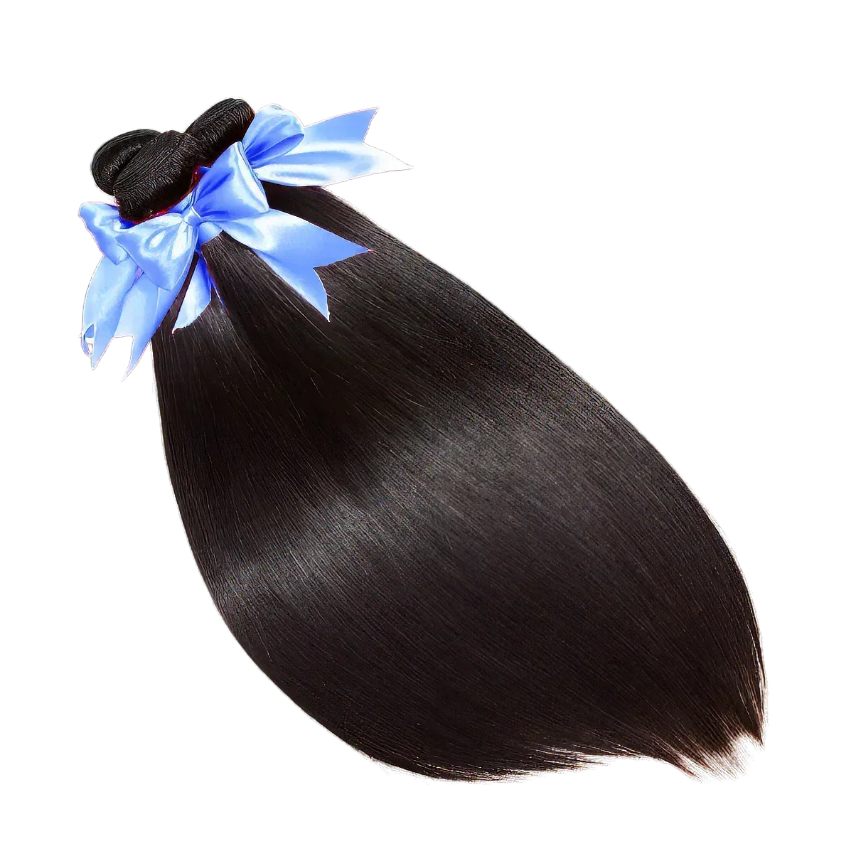 Smooth black human hair bundle with blue ribbon, ideal for natural styling and premium wigs.