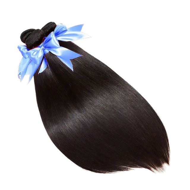 Smooth black human hair bundle with blue ribbon, ideal for natural styling and premium wigs.