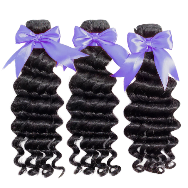 Three bundles of deep wave human hair with purple bows, ideal for natural styling and extensions.
