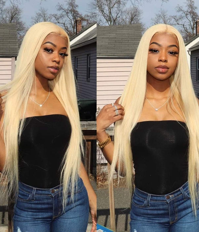 Long blonde human hair wig with natural straight texture, styled for everyday wear