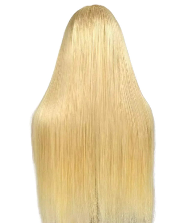 Blonde human hair wig with sleek, straight long strands for natural styling