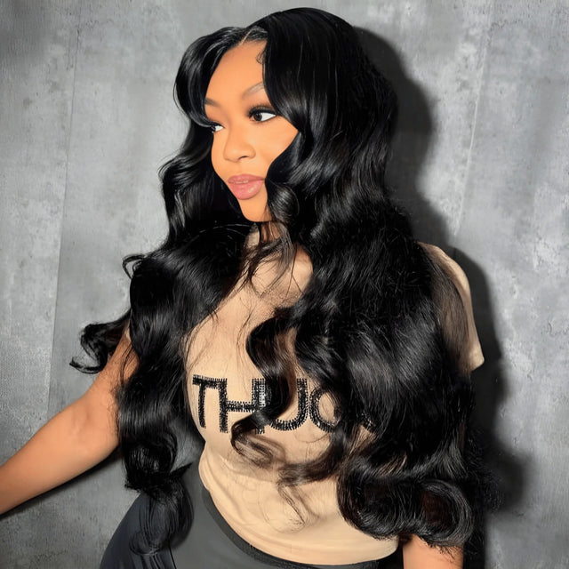 Black body wave human hair wig with natural-looking lace front, styled for volume and shine