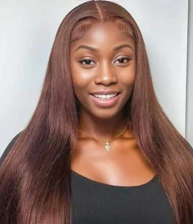 Smooth straight human hair wig with natural lace front, perfect for everyday wear and styling