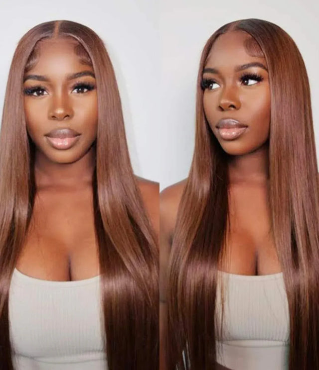 Long straight human hair wig with natural lace front, sleek brown color, perfect for everyday wear