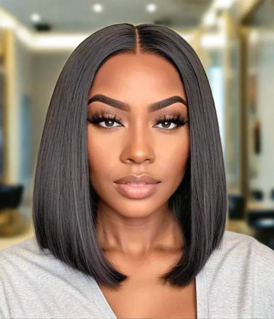 Smooth straight bob wig with center part, natural human hair texture for everyday styling