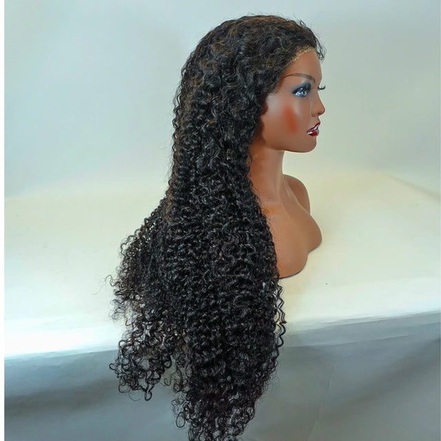 Long curly human hair wig on mannequin, natural styling for versatile beauty looks