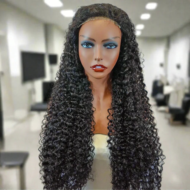 Long curly human hair wig with lace front on mannequin, natural styling for everyday wear