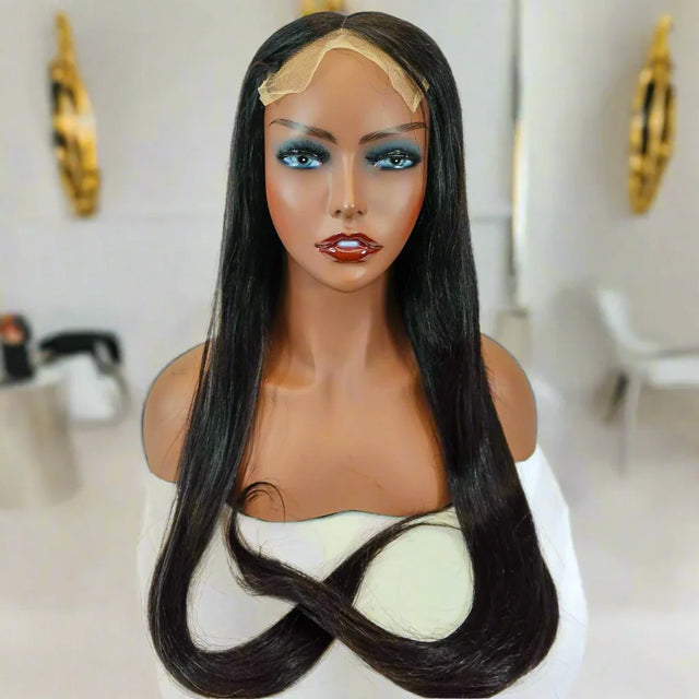 Long straight human hair lace front wig on mannequin, natural styling for versatile looks
