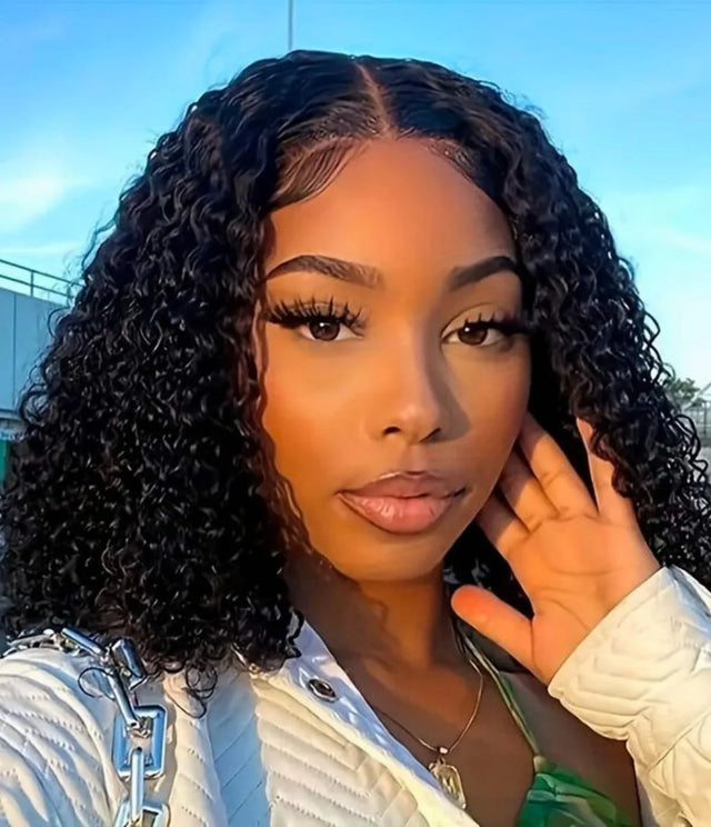 Woman wearing natural curly human hair wig with lace front, styled for everyday beauty and confidence.