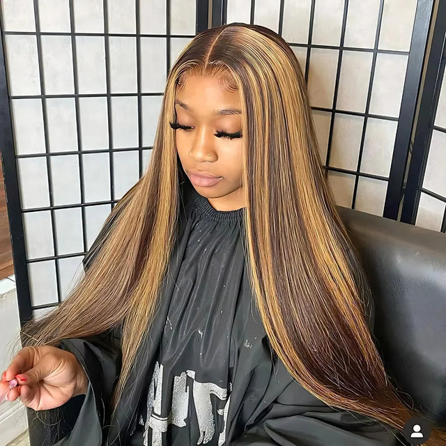 Long straight human hair wig with natural highlights and lace front, styled for salon look