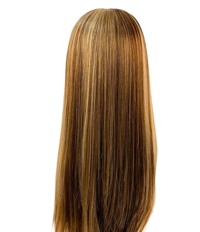 Long straight human hair wig with natural highlights and smooth texture for versatile styling