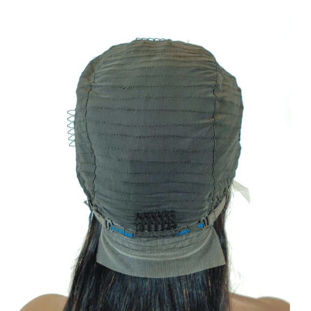 Back view of human hair wig cap with adjustable straps and breathable mesh lining for comfortable fit