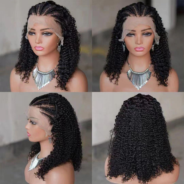 Curly human hair wig with lace front, braided part, natural waves on mannequin