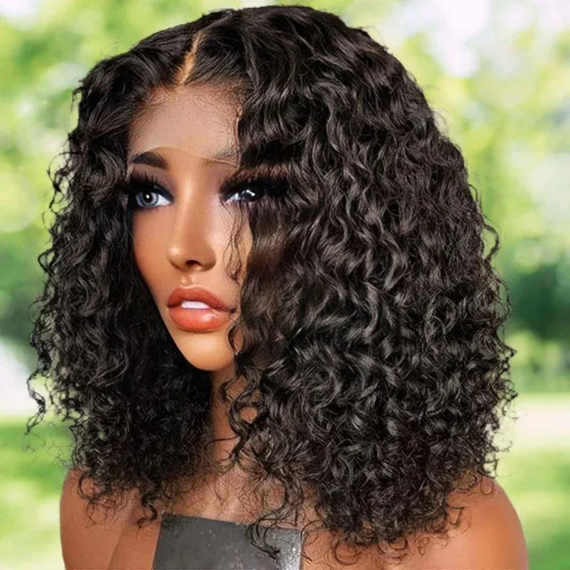 Deep curly human hair wig with natural-looking lace front, perfect for voluminous styling