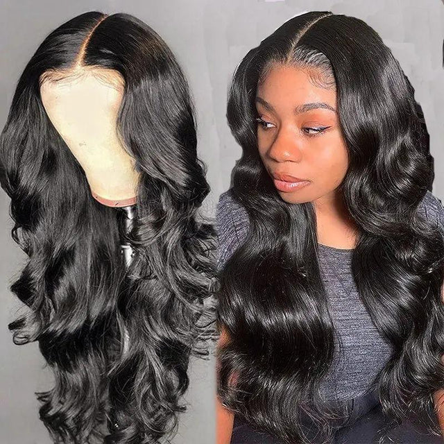 Long wavy human hair wig with lace front, shown on mannequin and model for natural styling