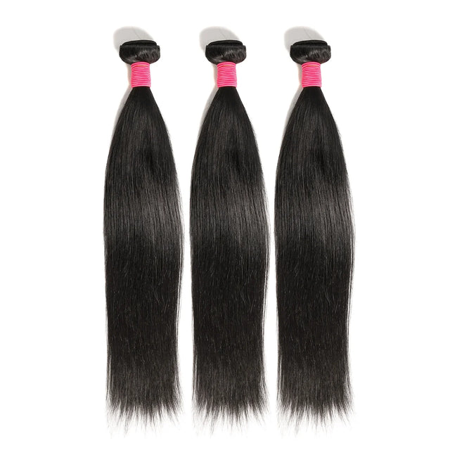 Three sleek black human hair bundles with pink bands, perfect for natural styling and extensions.