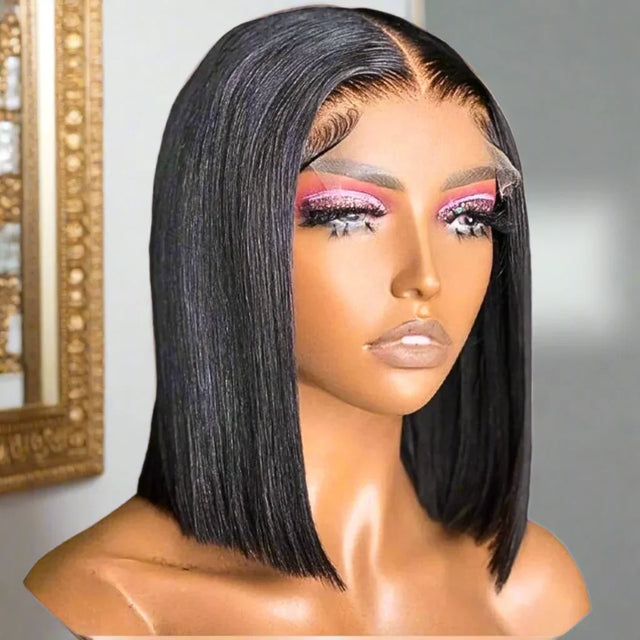 Straight black human hair bob wig with lace front, styled on mannequin with bold makeup